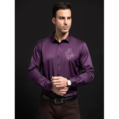 Indoprimo Men's Stylish Club Wear Satin Party Shirt Full Sleeve (In, Alpha, M, Regular, Purple)