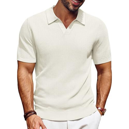 Denimholic Cotton Knitted Polo T Shirt For Man | Ribbed Textured Knit Polo Mens Tshirts | Collar T Shirts For Men (In, Alpha, Xl, Off White)