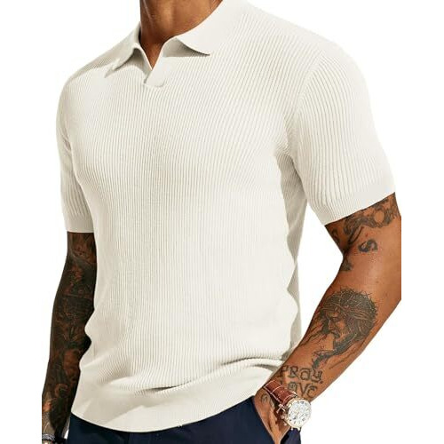 Denimholic Cotton Knitted Polo T Shirt For Man | Ribbed Textured Knit Polo Mens Tshirts | Collar T Shirts For Men (In, Alpha, Xl, Off White)