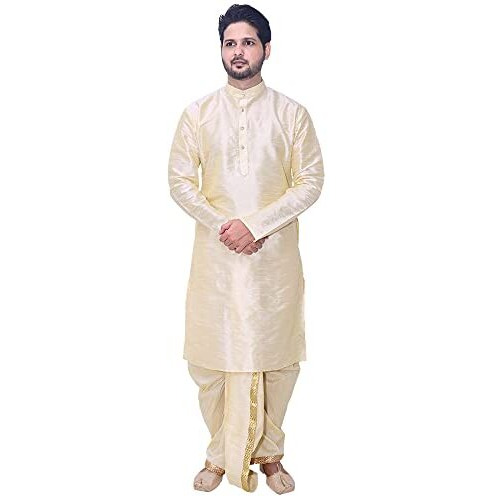Sin Fashion Men's Silk Fancy Gloden Kurta Dhoti Set | Size  Xl Golden