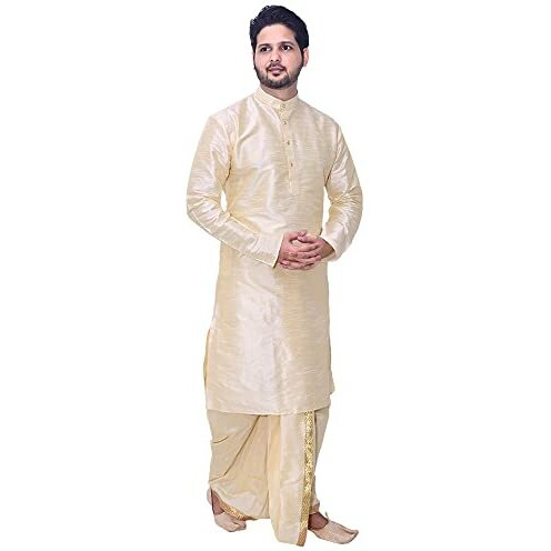 Sin Fashion Men's Silk Fancy Gloden Kurta Dhoti Set | Size  Xl Golden