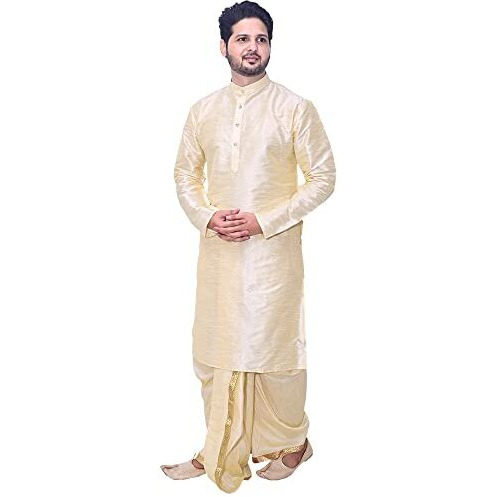 Sin Fashion Men's Silk Fancy Gloden Kurta Dhoti Set | Size  Xl Golden