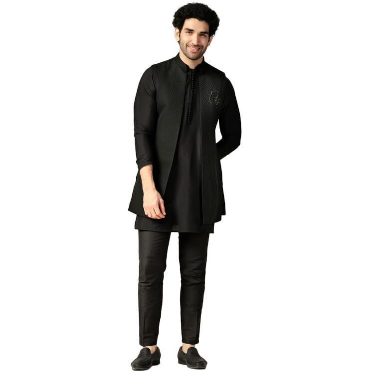 Kisah Men's Kurta Jacket Trouser Set, Black Silk Blend, Jacquard Regular Fit Mandarin Collar Long Sleeves (40)