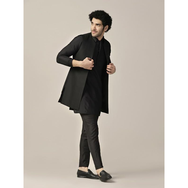 Kisah Men's Kurta Jacket Trouser Set, Black Silk Blend, Jacquard Regular Fit Mandarin Collar Long Sleeves (40)