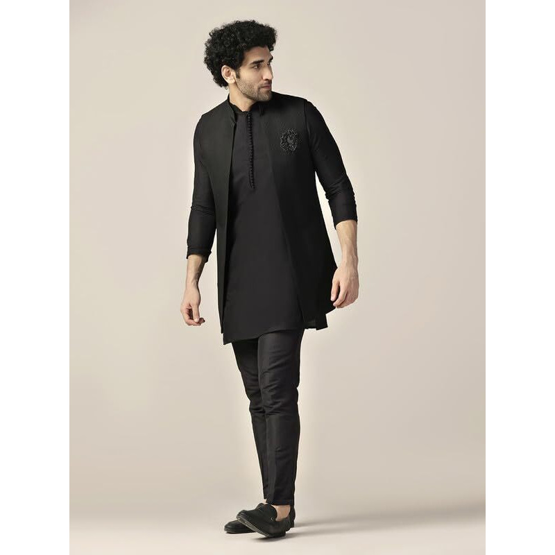 Kisah Men's Kurta Jacket Trouser Set, Black Silk Blend, Jacquard Regular Fit Mandarin Collar Long Sleeves (40)