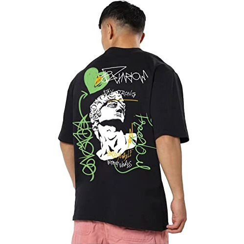 Veirdo Black Oversized Cotton Crew Neck T-Shirt With Graphic Print For Men