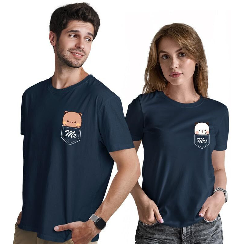 Indissh Couple Matching Love Printed 100% Cotton Tshirt For Men And Women - Cp-Mrmrs, Color-Navyblue-M-M/W-M
