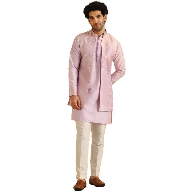 Kisah Men's Kurta Jacket Trouser Set, Lilac Jacquard, Woven Design Regular Fit Mandarin Collar Long Sleeves (40)