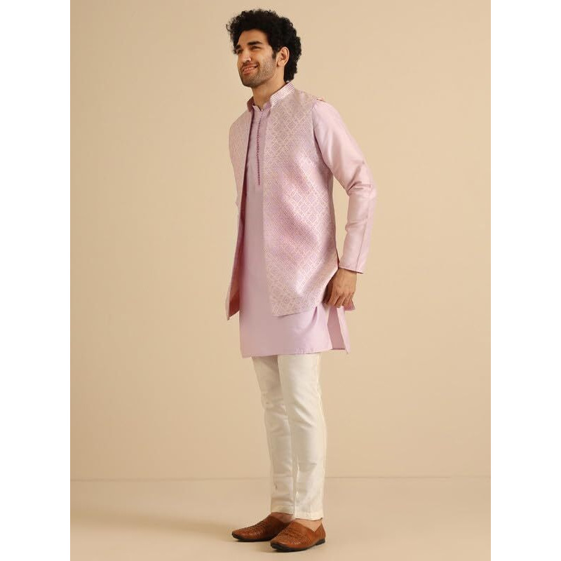 Kisah Men's Kurta Jacket Trouser Set, Lilac Jacquard, Woven Design Regular Fit Mandarin Collar Long Sleeves (40)