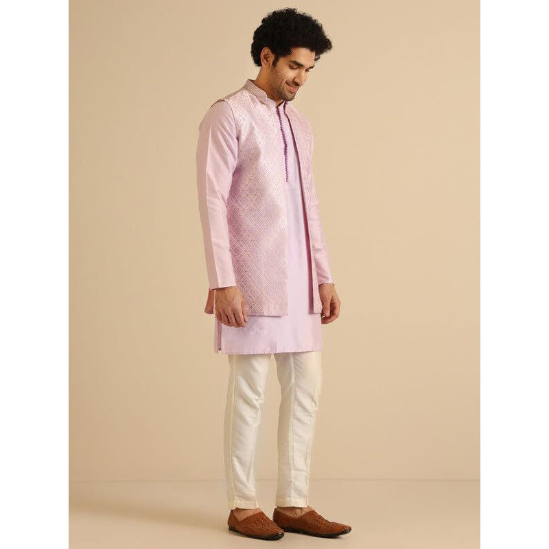 Kisah Men's Kurta Jacket Trouser Set, Lilac Jacquard, Woven Design Regular Fit Mandarin Collar Long Sleeves (40)