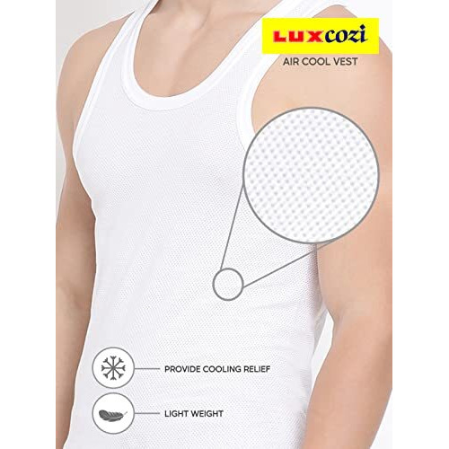 Lux Cozi Air-Cool Cotton Scoop Neck Sleeveless Men's Vest - Pack Of 4 (Air-Cool-White-Rn)