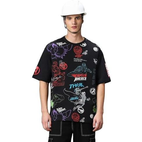 Bewakoof Heavy Duty 1.0 Official Marvel Merchandise Men's All Over Printed Super Loose Fit T-Shirt_582825_Black_M