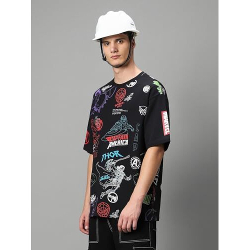 Bewakoof Heavy Duty 1.0 Official Marvel Merchandise Men's All Over Printed Super Loose Fit T-Shirt_582825_Black_M