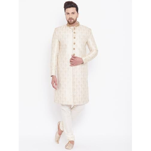 Vastramay Men's Beige And Gold Silk Blend Sherwani Set_Vasmsw127Bgnmvpgo_36