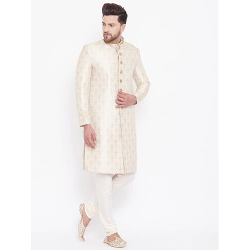 Vastramay Men's Beige And Gold Silk Blend Sherwani Set_Vasmsw127Bgnmvpgo_36