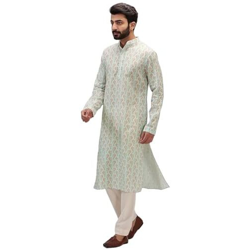 Lookmark Men's Cotton Blend Printed Long Kurta Suitable For All Indian Wedding, Occasions, And Festivals (Az-Lm-Og-Kurta 29-Xl) Green
