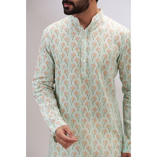 Lookmark Men's Cotton Blend Printed Long Kurta Suitable For All Indian Wedding, Occasions, And Festivals (Az-Lm-Og-Kurta 29-Xl) Green