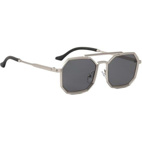 Dervin Uv Protected Full Rim Hexagonal Sunglasses For Men, Polygon Metal Frame Sunglasses (Silver-Black)