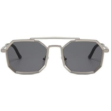Dervin Uv Protected Full Rim Hexagonal Sunglasses For Men, Polygon Metal Frame Sunglasses (Silver-Black)