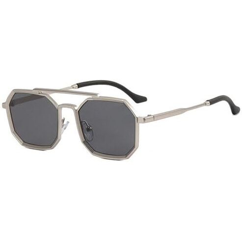 Dervin Uv Protected Full Rim Hexagonal Sunglasses For Men, Polygon Metal Frame Sunglasses (Silver-Black)