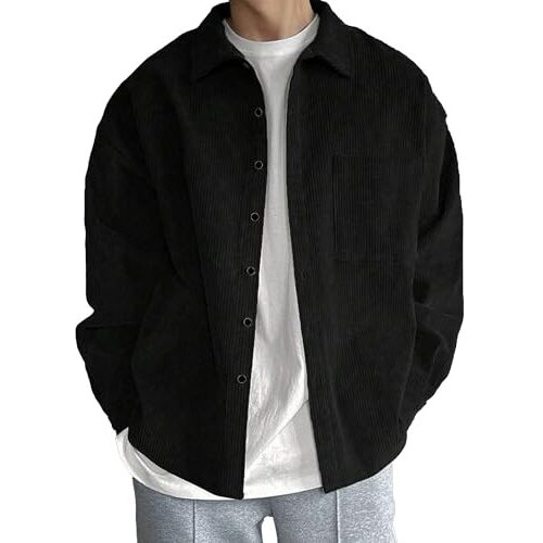 Maniac Jump Cuts Mens Solid Corduroy Full Sleeve Black Poly Cotton Regular Fit Shirt, Large