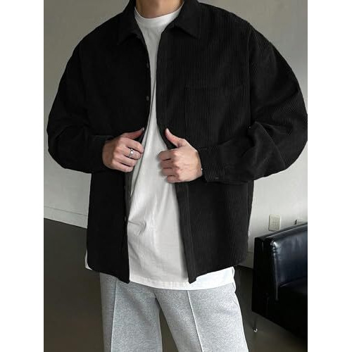 Maniac Jump Cuts Mens Solid Corduroy Full Sleeve Black Poly Cotton Regular Fit Shirt, Large