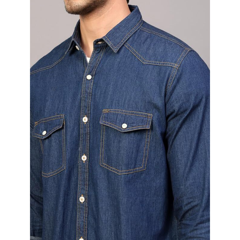 Keshav Srushti Men Blue Slim Fit Solid Spread Collar Casual Denim Shirt Dsm-02-Blue-Xl