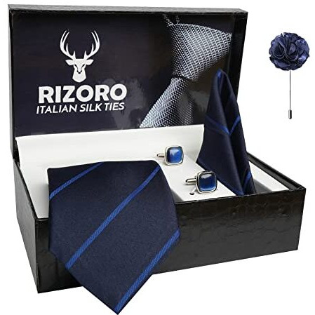Rizoro Mens Plaid Stripped Silk Necktie Gift Set With Pocket Square Cufflinks & Brooch Pin Formal Tie With Leatherite Box (Deep Blue S2Dbrx Free Size)
