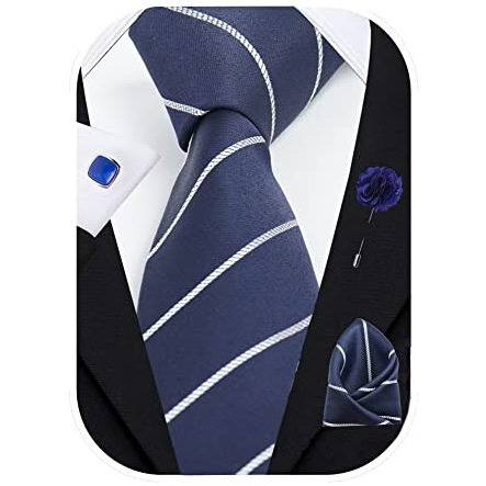 Rizoro Mens Plaid Stripped Silk Necktie Gift Set With Pocket Square Cufflinks & Brooch Pin Formal Tie With Leatherite Box (Deep Blue S2Dbrx Free Size)