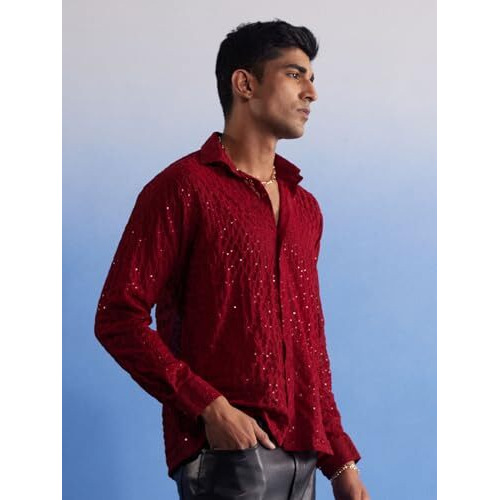 Vastramay Men's Maroon Georgette Ethnic Shirt For Men I Full Sleeve Sequins Shirt I Festive Party Formal Collection For Men_Vasmsh209Ma_36