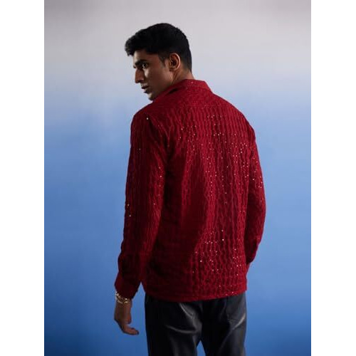 Vastramay Men's Maroon Georgette Ethnic Shirt For Men I Full Sleeve Sequins Shirt I Festive Party Formal Collection For Men_Vasmsh209Ma_36