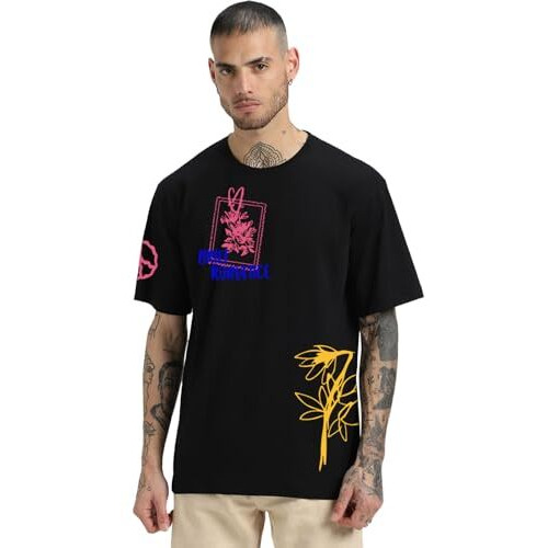 Veirdo Pure Cotton Round Neck Half Sleeve Oversized Baggy Fit Drop Shoulder Front & Back Printed Black T-Shirt For Men (Os_V_Brfrmnc_Bk_Xxl)