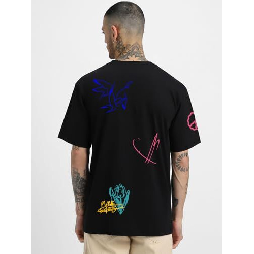 Veirdo Pure Cotton Round Neck Half Sleeve Oversized Baggy Fit Drop Shoulder Front & Back Printed Black T-Shirt For Men (Os_V_Brfrmnc_Bk_Xxl)