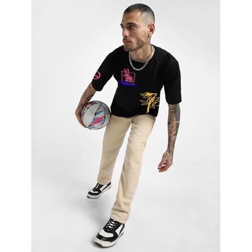 Veirdo Pure Cotton Round Neck Half Sleeve Oversized Baggy Fit Drop Shoulder Front & Back Printed Black T-Shirt For Men (Os_V_Brfrmnc_Bk_Xxl)