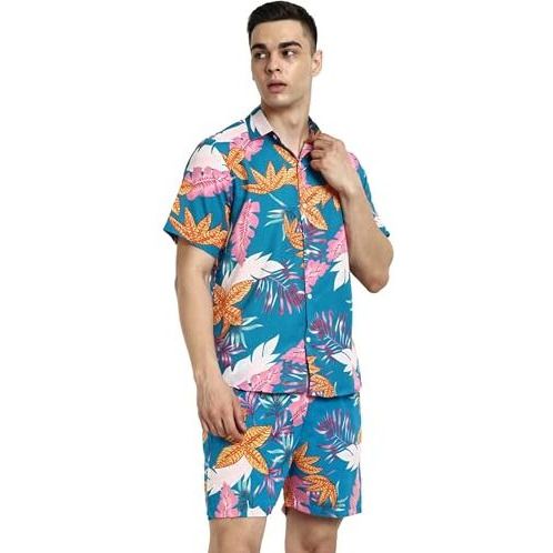 Greciilooks Mens Casual Rayon Floral Regular Fit Co-Ord Set (Blue, Large)