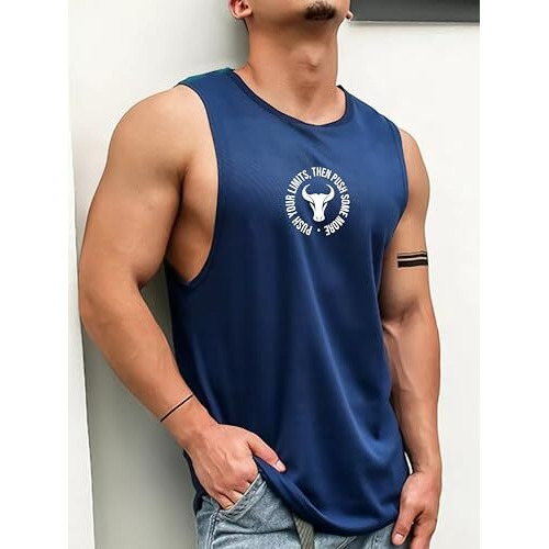 Jump Cuts Mens Sleevless Printed Navy & Orange Polyester Combo Gym Vest