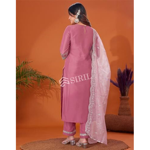 Siril Women's Cotton Blend Embroidery Kurti Pant With Dupatta Set (109Kbd1192-S_Dusty Pink)