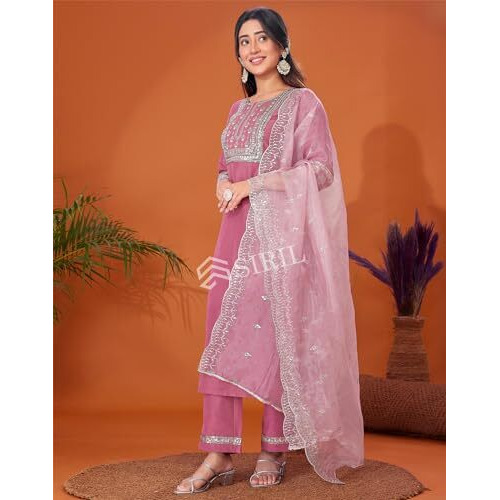 Siril Women's Cotton Blend Embroidery Kurti Pant With Dupatta Set (109Kbd1192-S_Dusty Pink)