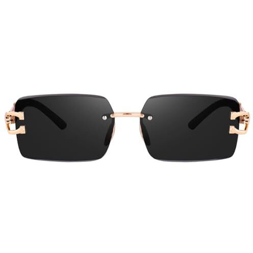 Dervin Rectangular Rimless Sunglasses For Men And Women With Decorated Arms (Black)