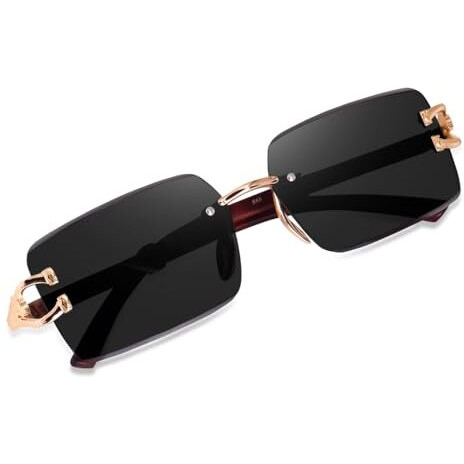 Dervin Rectangular Rimless Sunglasses For Men And Women With Decorated Arms (Black)
