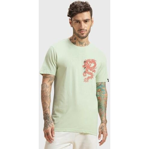 Bewakoof Men's Cyber Samurai Graphic Print Cotton T-Shirt- Regular Fit, Round Neck, Half Sleeves 589374_Green_Xl