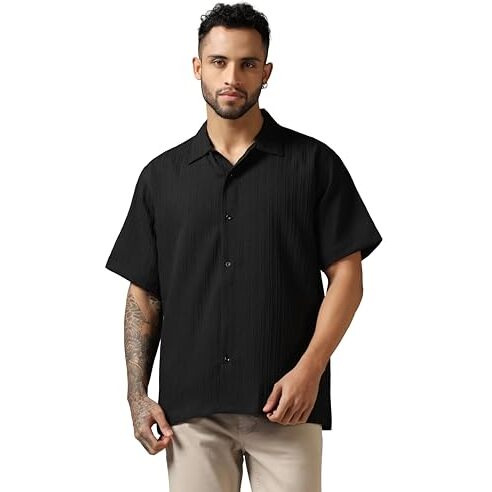 Greciilooks Mens Casual Polycotton Regular Fit Shirt (Black, Small)