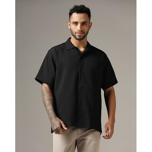 Greciilooks Mens Casual Polycotton Regular Fit Shirt (Black, Small)