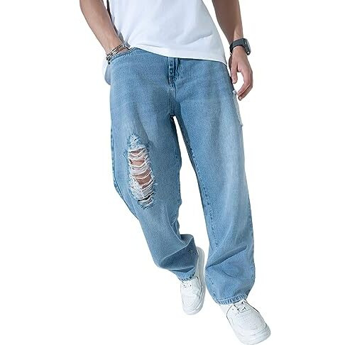 Hubberholme Men's Knee Distressed Loose Fit Jeans (Blue, 32)