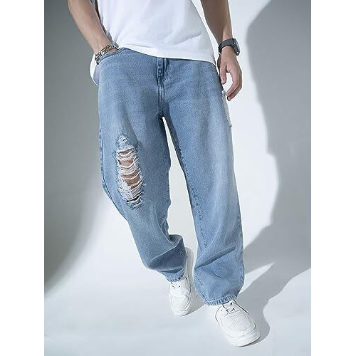 Hubberholme Men's Knee Distressed Loose Fit Jeans (Blue, 32)