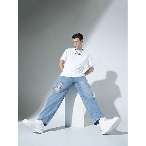 Hubberholme Men's Knee Distressed Loose Fit Jeans (Blue, 32)