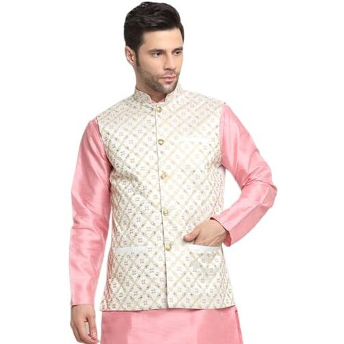 Kraft India Men's Silk Embroided Zari Cream Nehru Jacket Only