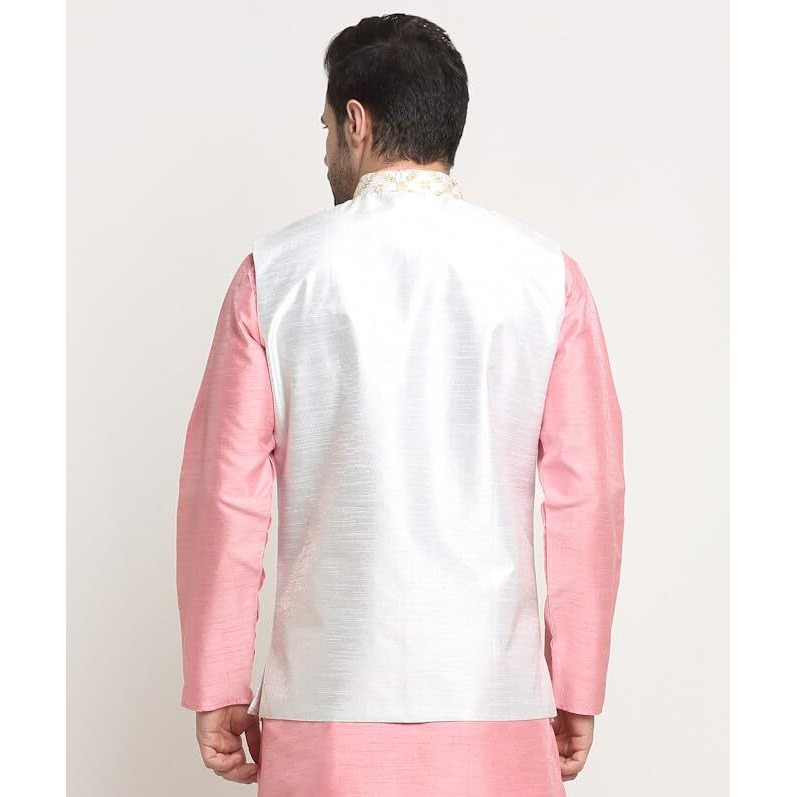Kraft India Men's Silk Embroided Zari Cream Nehru Jacket Only