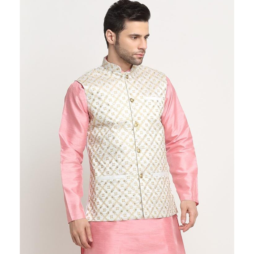 Kraft India Men's Silk Embroided Zari Cream Nehru Jacket Only