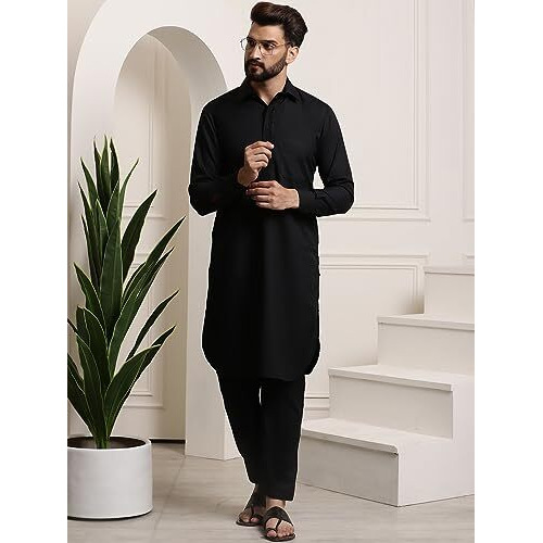 Sojanya (Since 1958 Men's Cotton Black Pathani Kurta Salwar Set